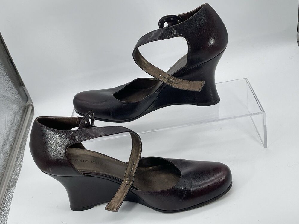 Antonio Melani Glove Fit Leather Wedge Heels Brown Ankle Strap Women’s Size 9 - Picture 2 of 7